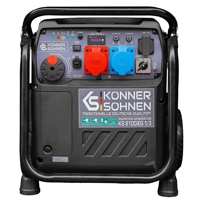 Könner & Söhnen Stromerzeuger KS 8100iEG 1/3 - Nennleistung: 8 kW, Tankvolumen: 20 l - Dunkelgrauer tragbarer Inverter-Generator mit schwarzem Rahmen, Bedienfeld mit roten, blauen und schwarzen Steckdosen und Digitalanzeige.
