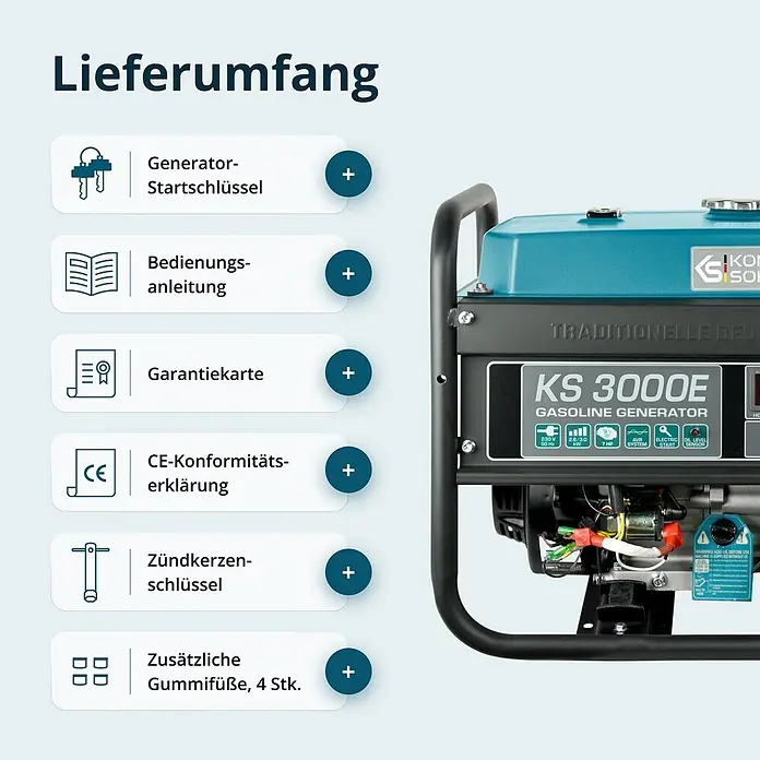 Könner & Söhnen Stromerzeuger KS 3000E - Nennleistung: 2,6 kW, Tankvolumen: 15 l - Blauer/schwarzer KS 3000E Benzingenerator mit enthaltenen Schlüsseln, Handbuch, Garantie, CE-Zertifikat, Zündkerzenschlüssel und Gummifüßen.