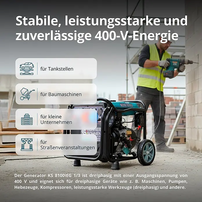 Könner & Söhnen Stromerzeuger KS 8100iEG 1/3 - Nennleistung: 8 kW, Tankvolumen: 20 l - Ein schwarzer und türkiser tragbarer 400-V-Generator mit grauen Rädern.