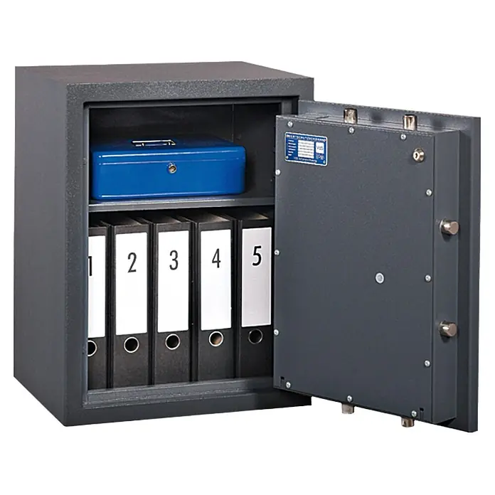 Wertschutzschrank WST 7 - 430 x 490 x 635 mm, Doppelbart-Hochsicherheitsschloss - Bild eines Tresors mit geöffneter Tür, der eine blaue Box und Aktenordner mit den Nummern 1 bis 5 enthält.