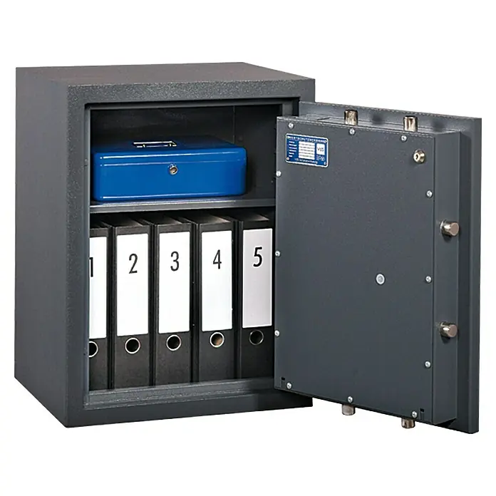 Wertschutzschrank WST 7 - 430 x 490 x 635 mm, Doppelbart-Hochsicherheitsschloss - Bild eines Tresors mit geöffneter Tür, der eine blaue Box und Aktenordner mit den Nummern 1 bis 5 enthält.