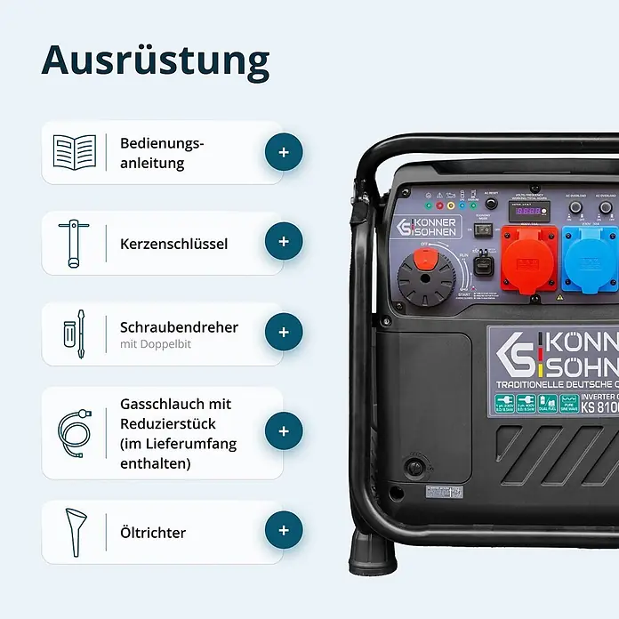 Könner & Söhnen Stromerzeuger KS 8100iEG 1/3 - Nennleistung: 8 kW, Tankvolumen: 20 l - Dunkelgrauer Stromerzeuger mit Bedienfeld, daneben eine Liste des Zubehörs: Anleitung, Kerzenschlüssel, Schraubendreher, Gasschlauch und Öltrichter.