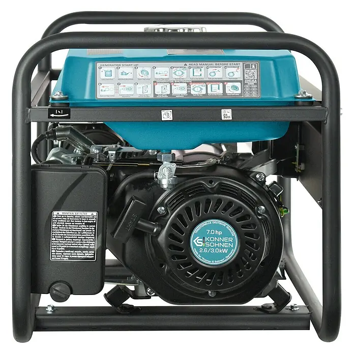 Könner & Söhnen Stromerzeuger KS 3000E - Nennleistung: 2,6 kW, Tankvolumen: 15 l - Ein blau-schwarzer tragbarer Stromerzeuger mit Metallrahmen, Kraftstofftank, Motor und Bedienungsanleitung.