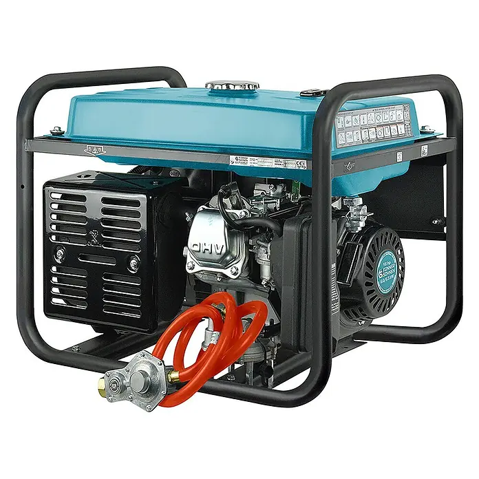 Könner & Söhnen Stromerzeuger KS 9000E G - Nennleistung: 6 kW, Tankvolumen: 25 l - Blauer und schwarzer tragbarer Generator mit angeschlossenem orangefarbenen Gasschlauch und silbernem Regler.