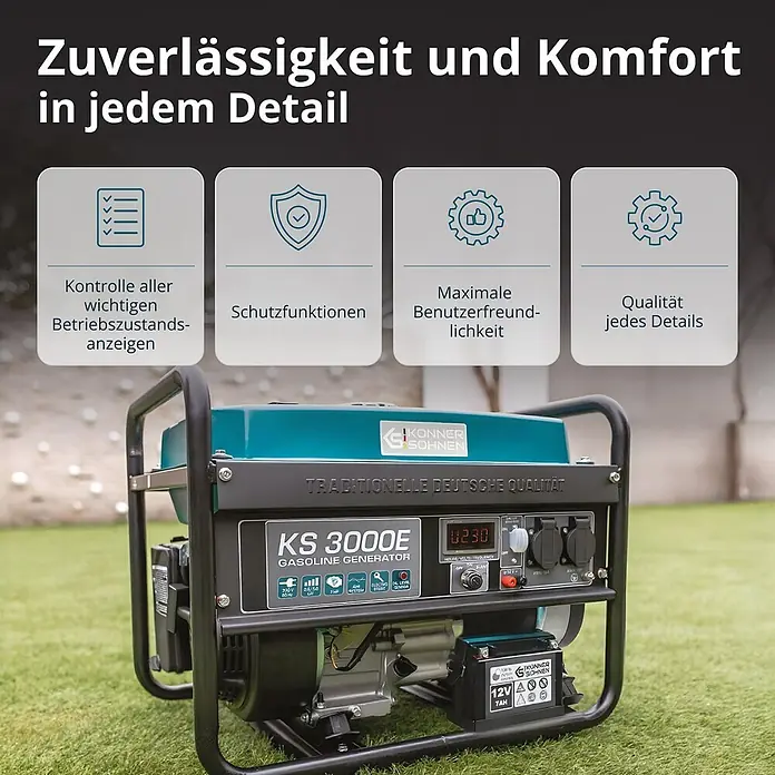 Könner & Söhnen Stromerzeuger KS 3000E - Nennleistung: 2,6 kW, Tankvolumen: 15 l - Türkis-schwarzer Benzingenerator, Modell KS 3000E, mit schwarzem Metallrahmen, zur Stromerzeugung konzipiert.