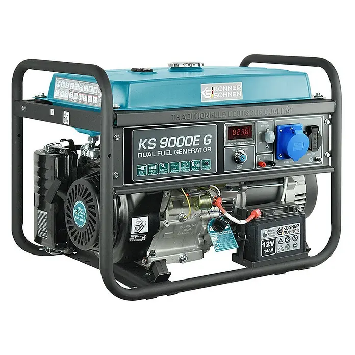 Könner & Söhnen Stromerzeuger KS 9000E G - Nennleistung: 6 kW, Tankvolumen: 25 l - Tragbarer Dual-Fuel-Generator mit türkisfarbenem Tank, schwarzem Rahmen und Bedienfeld.