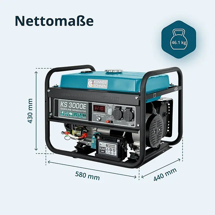Könner & Söhnen Stromerzeuger KS 3000E - Nennleistung: 2,6 kW, Tankvolumen: 15 l - Blauer und schwarzer Konner & Sohnen Benzingenerator mit robustem Rahmen.