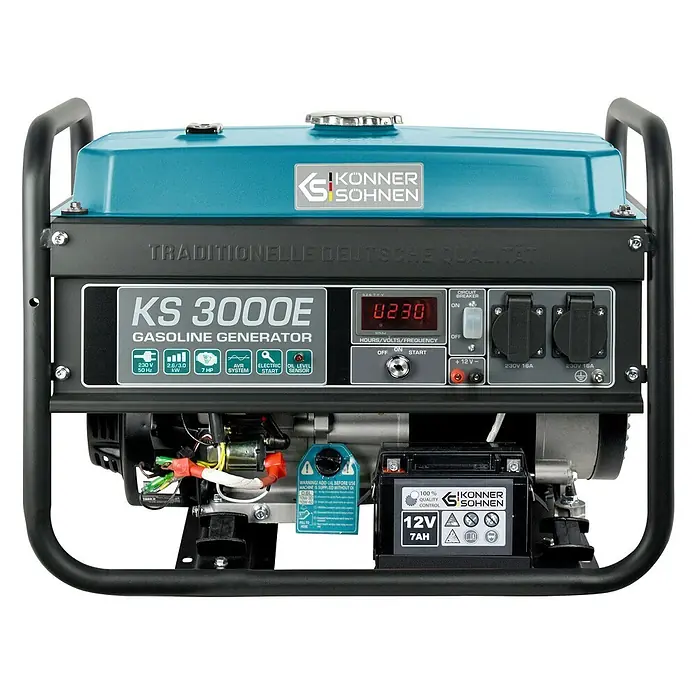 Könner & Söhnen Stromerzeuger KS 3000E - Nennleistung: 2,6 kW, Tankvolumen: 15 l - Ein blau-türkiser und schwarzer Könner & Söhnen KS 3000E Benzingenerator mit Bedienfeld und Steckdosen auf schwarzem Metallrahmen.