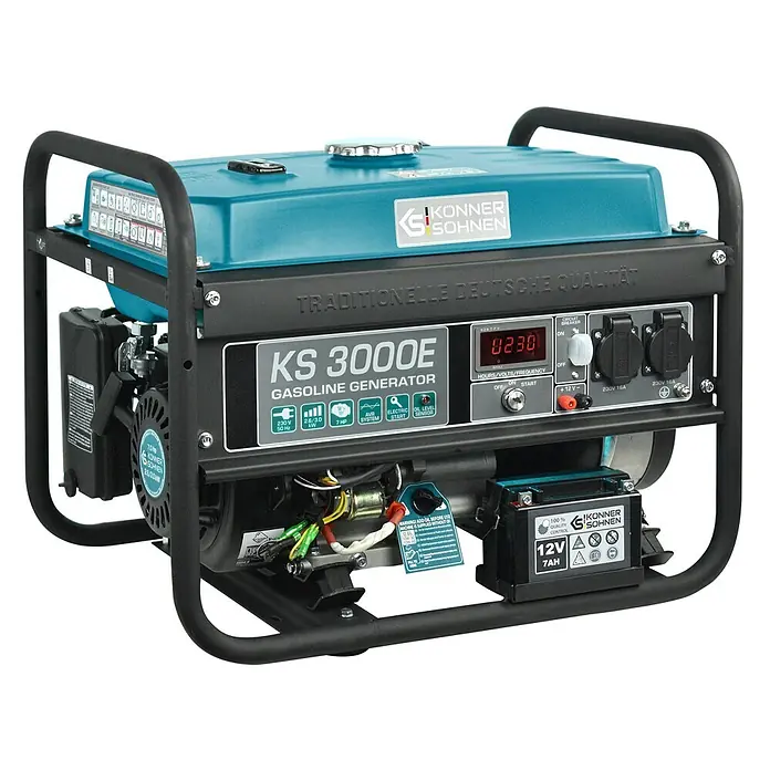 Könner & Söhnen Stromerzeuger KS 3000E - Nennleistung: 2,6 kW, Tankvolumen: 15 l - Türkis-schwarzer Benzingenerator mit stabilem Metallrahmen, Anzeige 0230, 230V-Steckdosen und Elektrostarter.