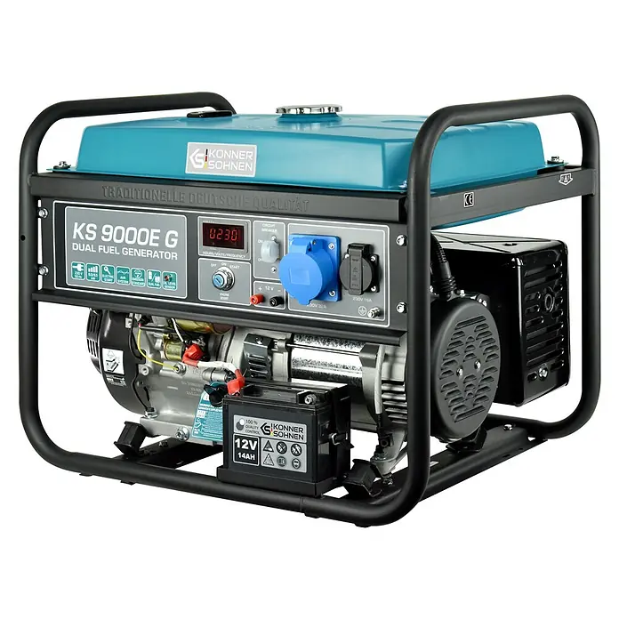 Könner & Söhnen Stromerzeuger KS 9000E G - Nennleistung: 6 kW, Tankvolumen: 25 l - Ein blau-schwarzer Dual-Fuel-Generator mit robustem Metallrahmen, Bedienfeld und sichtbaren Motorkomponenten.