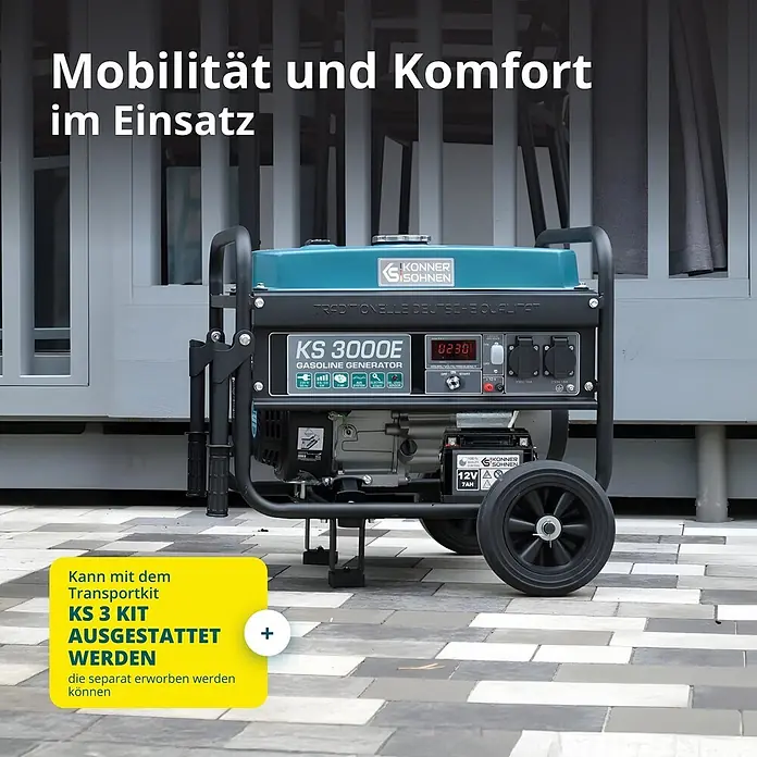 Könner & Söhnen Stromerzeuger KS 3000E - Nennleistung: 2,6 kW, Tankvolumen: 15 l - Ein teal-schwarzer Könner & Söhnen Benzingenerator mit Rädern, bereit für den mobilen Einsatz.