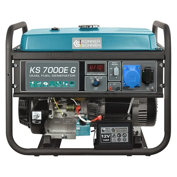 Könner & Söhnen Stromerzeuger KS 7000E G - Nennleistung: 5 kW, Tankvolumen: 25 l - Schwarz gerahmter, türkiser Dual-Fuel-Generator mit Bedienfeld, Digitalanzeige, verschiedenen Steckdosen und 12V-Batterie.