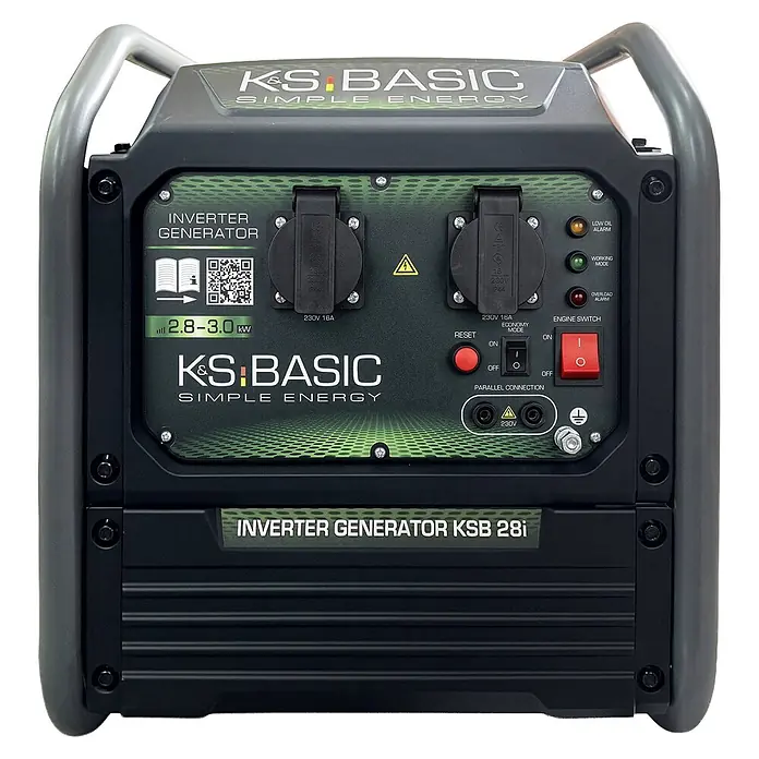Könner & Söhnen Stromerzeuger KSB 28i - Nennleistung: 2,8 kW, Tankvolumen: 8 l - Schwarzer und grauer KS Basic Inverter-Generator mit zwei 230V-Steckdosen, Bedienfeld, Anzeigeleuchten und Griff für mobile Stromversorgung.