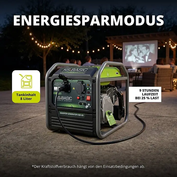 Könner & Söhnen Stromerzeuger KSB 28i - Nennleistung: 2,8 kW, Tankvolumen: 8 l - Schwarz-grüner Inverter-Generator mit robustem Rahmen, versorgt ein Outdoor-Kino am Abend mit Strom.