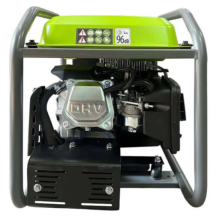 Könner & Söhnen Stromerzeuger KSB 28i - Nennleistung: 2,8 kW, Tankvolumen: 8 l - Ein kompakter tragbarer Generator mit leuchtend grüner Abdeckung und grauem Metallrahmen, der Motordetails und Sicherheitsetiketten zeigt.