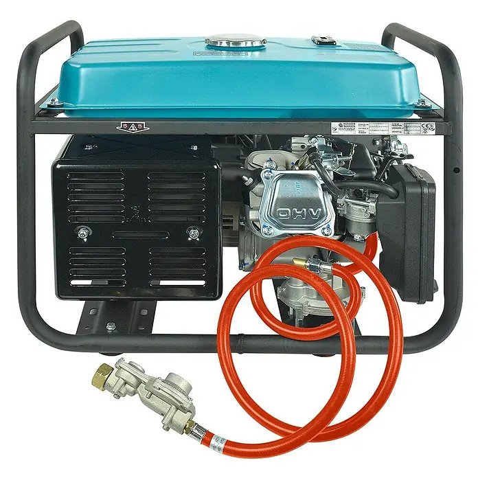 Könner & Söhnen Stromerzeuger KS 7000E G - Nennleistung: 5 kW, Tankvolumen: 25 l - Dual-Fuel-Generator mit blauem Tank und schwarzem Rahmen, orangefarbenem Gasschlauch und silbernem Regler.