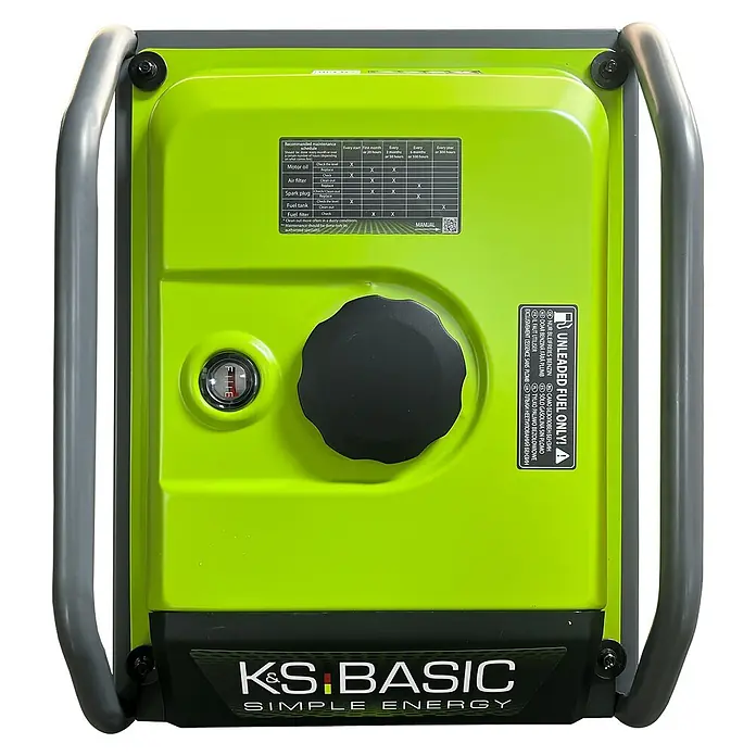 Könner & Söhnen Stromerzeuger KSB 28i - Nennleistung: 2,8 kW, Tankvolumen: 8 l - Hellgrüner und schwarzer tragbarer Generator mit grauen Griffen, Wartungsplan, Tankdeckel und Warnhinweis "nur bleifreier Kraftstoff".