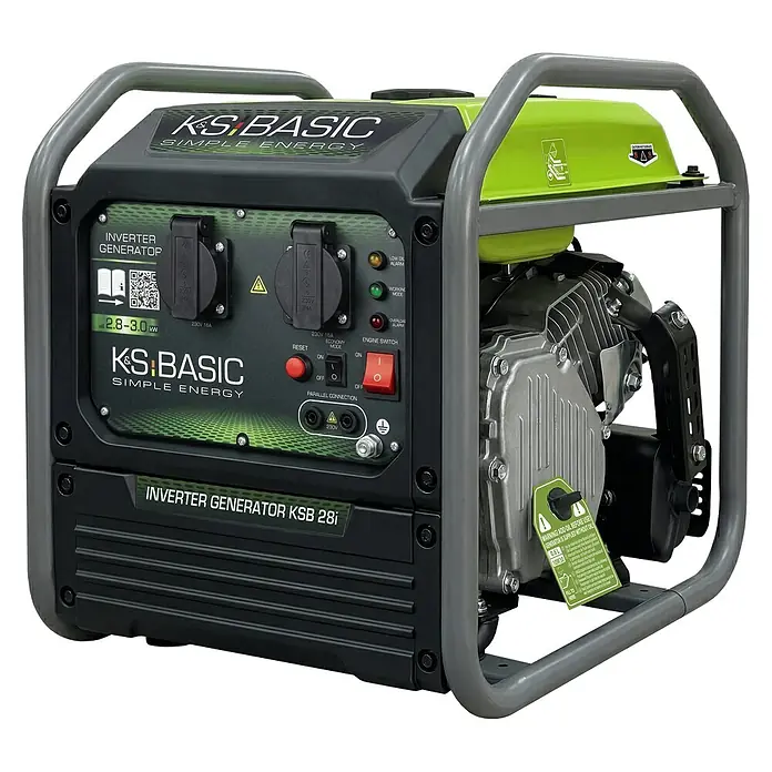Könner & Söhnen Stromerzeuger KSB 28i - Nennleistung: 2,8 kW, Tankvolumen: 8 l - K&S Basic KSB 28i Inverter-Generator mit schwarzem und limettengrünem Gehäuse, grauem Metallrahmen, Bedienfeld mit Steckdosen und Schaltern. Leistung 2.8-3.0 kW.