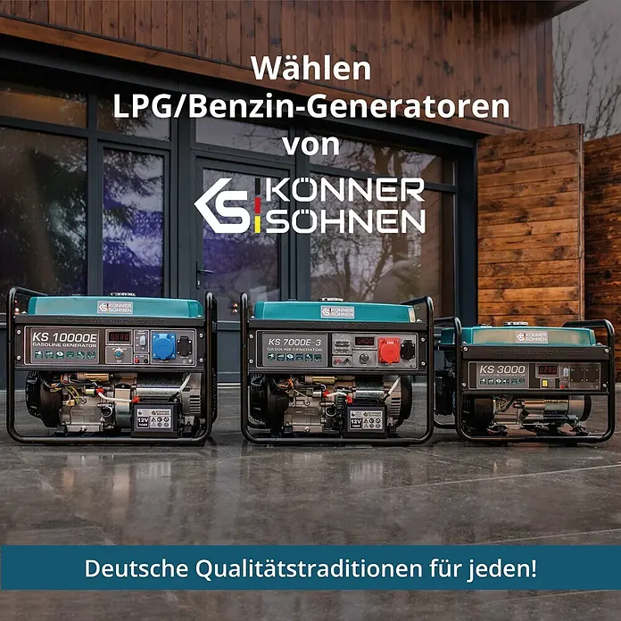 Könner & Söhnen Stromerzeuger KS 7000E G - Nennleistung: 5 kW, Tankvolumen: 25 l - Drei türkis-schwarze Könner & Söhnen LPG/Benzin-Generatoren mit Digitalanzeigen, im Freien präsentiert, bereit für mobile Stromversorgung.