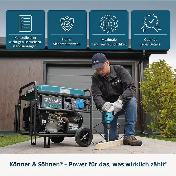 Könner & Söhnen Stromerzeuger KS 7000E G - Nennleistung: 5 kW, Tankvolumen: 25 l - Ein blau-schwarzer Könner & Söhnen Generator versorgt einen Bohrer, der von einer Person im Freien benutzt wird.