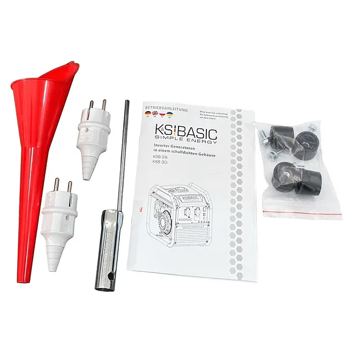 Könner & Söhnen Stromerzeuger KSB 28i - Nennleistung: 2,8 kW, Tankvolumen: 8 l - Roter Trichter, weiße Stecker, Metallwerkzeug, Anleitung und Beutel mit schwarzen Befestigungsteilen für einen Generator.