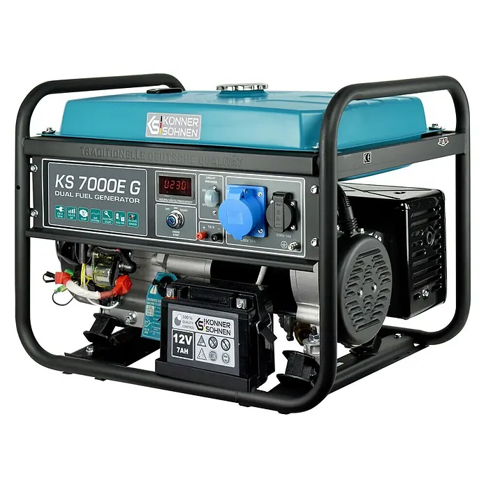 Könner & Söhnen Stromerzeuger KS 7000E G - Nennleistung: 5 kW, Tankvolumen: 25 l - Konner & Sohnen KS 7000E G Dual-Fuel-Generator mit türkisfarbenem Tank, schwarzem Rahmen, Bedienfeld und Steckdosen.