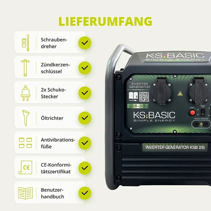 Könner & Söhnen Stromerzeuger KSB 28i - Nennleistung: 2,8 kW, Tankvolumen: 8 l - Schwarzer KS Basic Inverter-Generator (2.8-3.0kW) mit Bedienfeld, Steckdosen und einer Liste des Zubehörs, inkl. Werkzeug und Stecker.