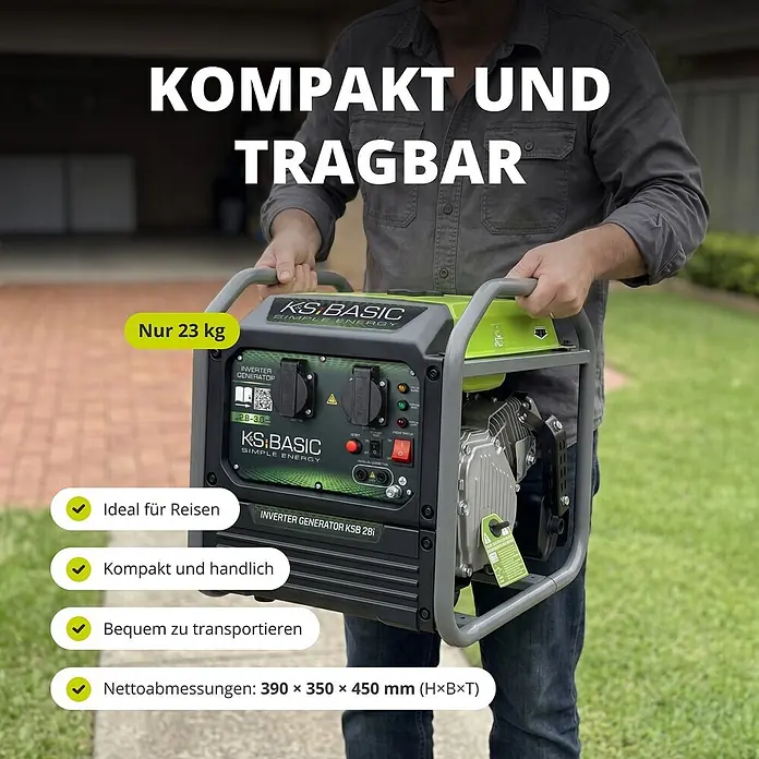 Könner & Söhnen Stromerzeuger KSB 28i - Nennleistung: 2,8 kW, Tankvolumen: 8 l - Mann trägt einen grünen und schwarzen Inverter-Generator mit grauem Rahmen, der seine Tragbarkeit und Kompaktheit hervorhebt.