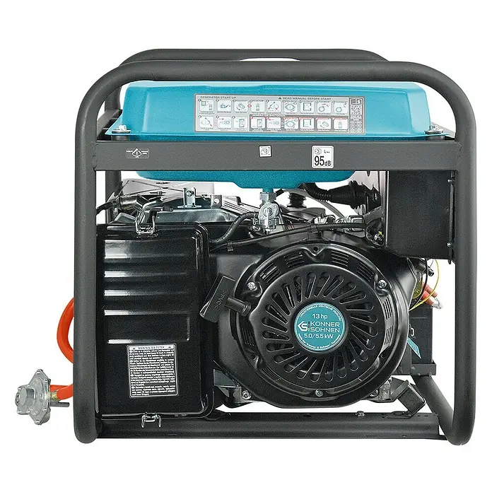 Könner & Söhnen Stromerzeuger KS 7000E G - Nennleistung: 5 kW, Tankvolumen: 25 l - Ein schwarz-blauer Generator mit Schutzrahmen, Motordetails und Gasanschluss.