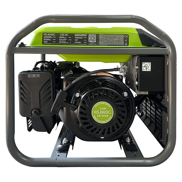 Könner & Söhnen Stromerzeuger KSB 28i - Nennleistung: 2,8 kW, Tankvolumen: 8 l - Grüner und schwarzer K&S Basic Inverter-Generator (7.0 PS, 2.8/3.0 kW) mit grauem Schutzrahmen.