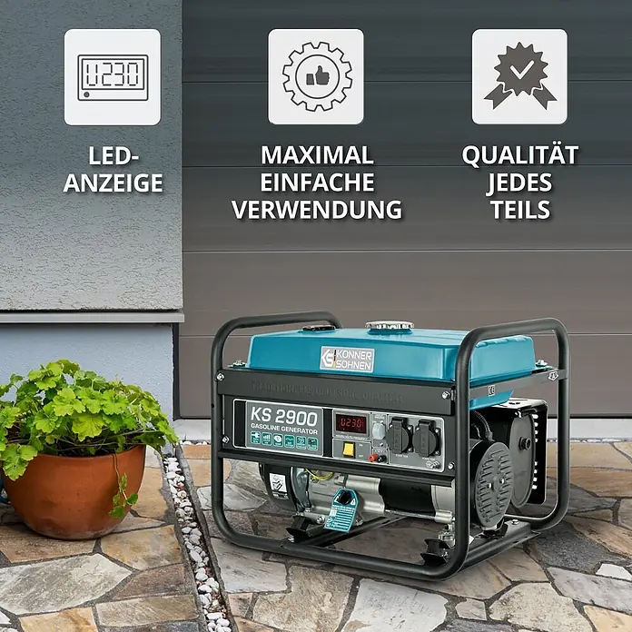 Könner & Söhnen Stromerzeuger KS 2900 - Nennleistung: 2,5 kW, Tankvolumen: 15 l - Petrol-farbener und schwarzer Konner & Sohnen KS 2900 Benzingenerator auf einer Terrasse, bereit zum Einsatz.