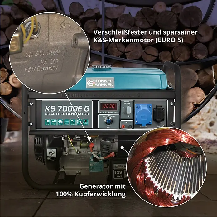 Könner & Söhnen Stromerzeuger KS 7000E G - Nennleistung: 5 kW, Tankvolumen: 25 l - Könner & Söhnen KS 7000E G Dual-Fuel-Generator mit K&S-Motor und 100% Kupferwicklung, in einer Holzstapel-Umgebung.