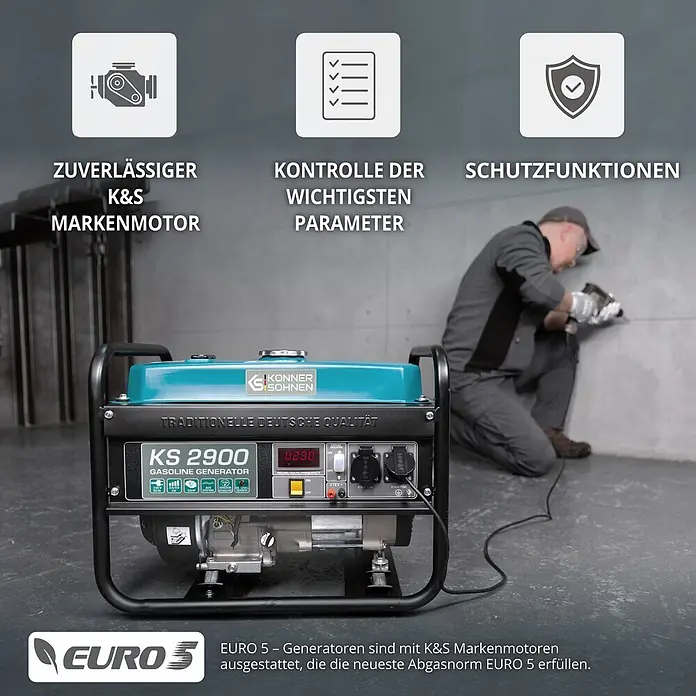 Könner & Söhnen Stromerzeuger KS 2900 - Nennleistung: 2,5 kW, Tankvolumen: 15 l - K&S KS 2900 Benzingenerator mit türkisfarbenem Tank und schwarzem Rahmen, mit Bedienfeld.