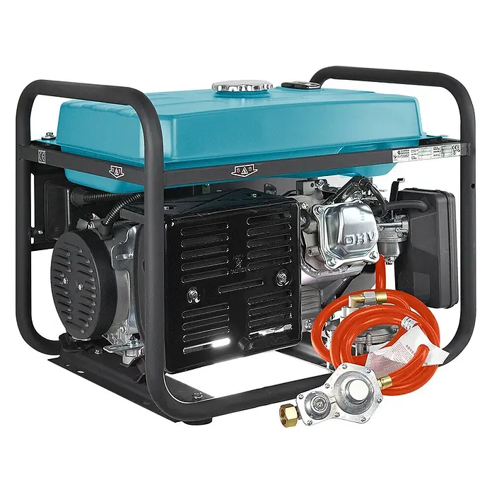 Könner & Söhnen Stromerzeuger KS 7000E G - Nennleistung: 5 kW, Tankvolumen: 25 l - Tragbarer Dual-Fuel-Stromerzeuger mit türkisfarbenem Tank, schwarzem Rahmen und orangefarbenem Gasschlauch mit Reglerzubehör.