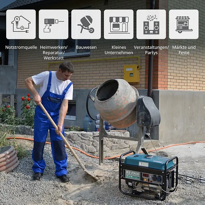 Könner & Söhnen Stromerzeuger KS 2900 - Nennleistung: 2,5 kW, Tankvolumen: 15 l - Grüner und schwarzer KS 2900 Benzingenerator auf einer Baustelle, der Geräte mit Strom versorgt.