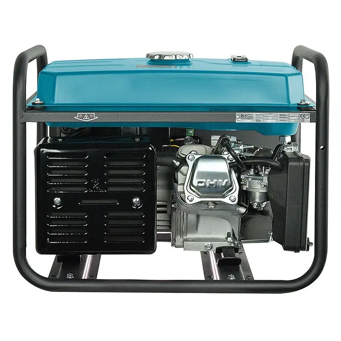 Könner & Söhnen Stromerzeuger KS 2900 - Nennleistung: 2,5 kW, Tankvolumen: 15 l - Ein türkisfarbener und schwarzer tragbarer Generator mit schwarzem Rahmen, Motor und Kraftstofftank sichtbar.