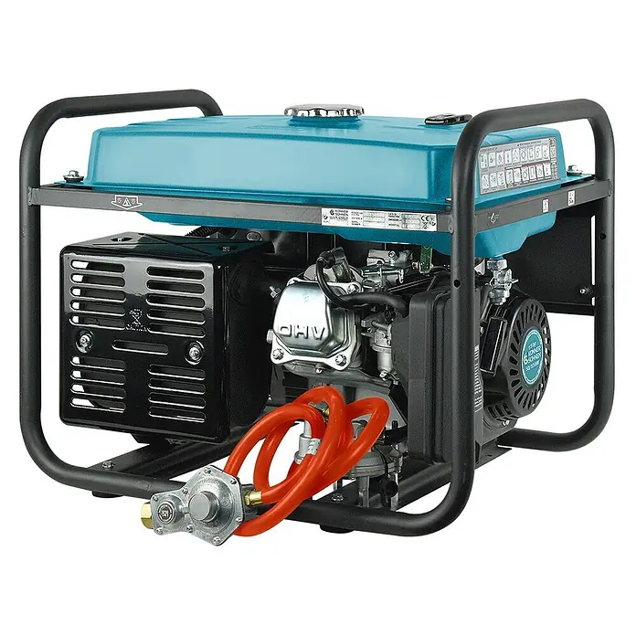 Könner & Söhnen Stromerzeuger KS 7000E G - Nennleistung: 5 kW, Tankvolumen: 25 l - Tragbarer Generator mit türkisfarbenem Kraftstofftank, schwarzem Rahmen und einem orangefarbenen Gasschlauch mit Regler.