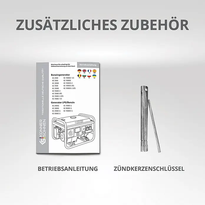 Könner & Söhnen Stromerzeuger KS 2900 - Nennleistung: 2,5 kW, Tankvolumen: 15 l - Betriebsanleitung und ein metallischer Zündkerzenschlüssel.