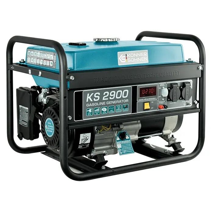 Könner & Söhnen Stromerzeuger KS 2900 - Nennleistung: 2,5 kW, Tankvolumen: 15 l - Ein türkiser und schwarzer tragbarer Benzingenerator mit Digitalanzeige, zwei Steckdosen und einem robusten schwarzen Rahmen.