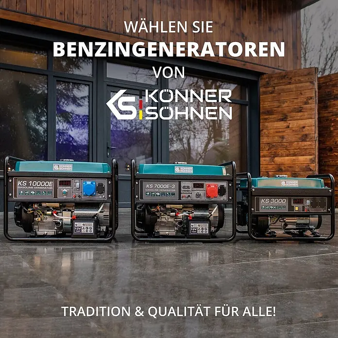 Könner & Söhnen Stromerzeuger KS 2900 - Nennleistung: 2,5 kW, Tankvolumen: 15 l - Drei türkisfarbene und schwarze Benzingeneratoren unterschiedlicher Größe sind im Freien vor einem modernen Haus ausgestellt.