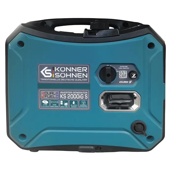 Könner & Söhnen Stromerzeuger KS 2000iG S - Nennleistung: 1,8 kW, Tankvolumen: 5 l - Türkis-schwarzer KÖNNER & SÖHNEN KS 2000iG S Dual Fuel Inverter-Generator mit Bedienfeld und Griff.
