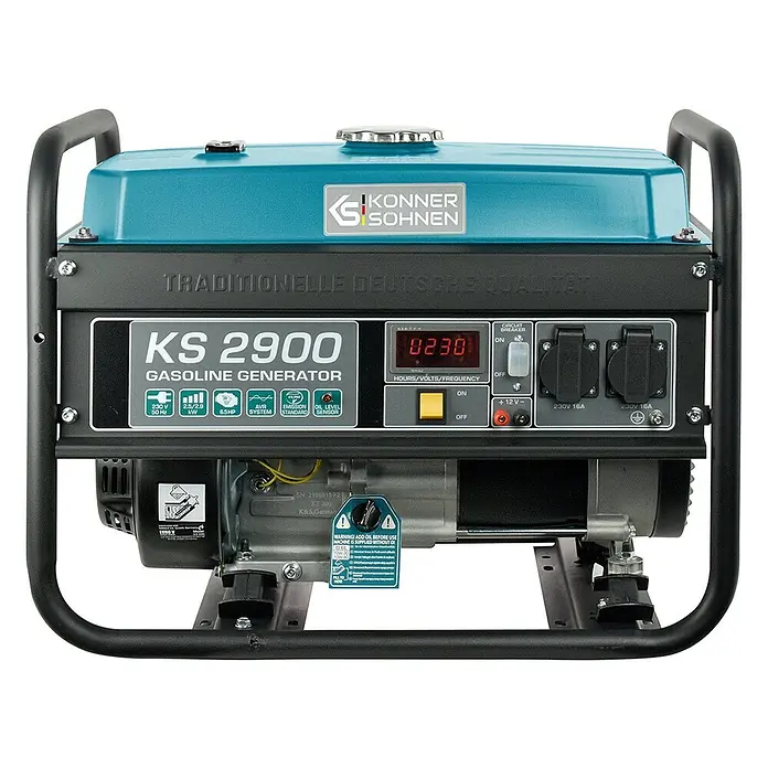 Könner & Söhnen Stromerzeuger KS 2900 - Nennleistung: 2,5 kW, Tankvolumen: 15 l - Konner & Söhnen KS 2900 Benzingenerator mit türkiser Oberseite, schwarzem Rahmen und grauem Motorgehäuse. Mit Bedienfeld, Digitalanzeige und Steckdosen.