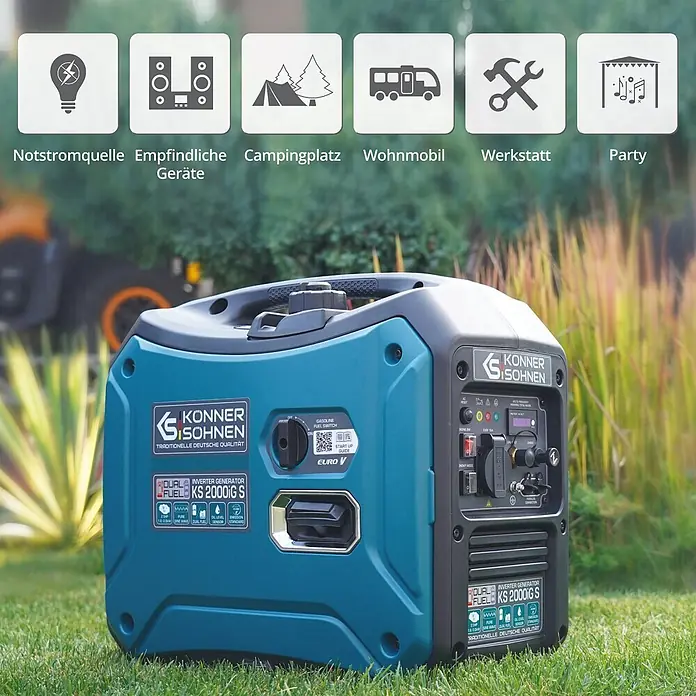 Könner & Söhnen Stromerzeuger KS 2000iG S - Nennleistung: 1,8 kW, Tankvolumen: 5 l - Türkiser und schwarzer Könner & Söhnen Inverter-Generator, eine tragbare Notstromquelle für Camping, Werkstatt und empfindliche Geräte.