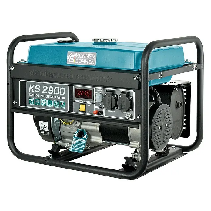 Könner & Söhnen Stromerzeuger KS 2900 - Nennleistung: 2,5 kW, Tankvolumen: 15 l - Könner & Söhnen KS 2900 Benzingenerator mit türkisfarbenem Tank, schwarzem Rahmen, Bedienfeld und Steckdosen.