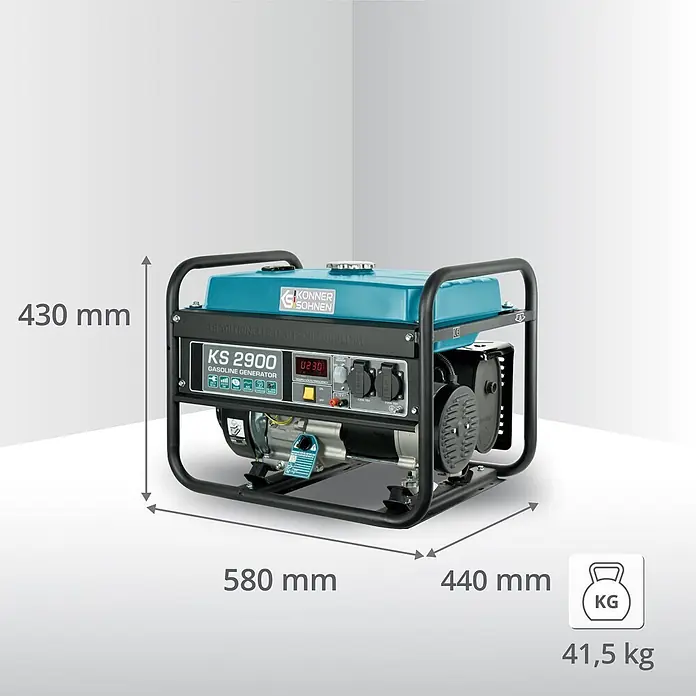 Könner & Söhnen Stromerzeuger KS 2900 - Nennleistung: 2,5 kW, Tankvolumen: 15 l - Blauer und schwarzer Könner & Söhnen KS 2900 Benzingenerator mit angezeigten Maßen und Gewicht.
