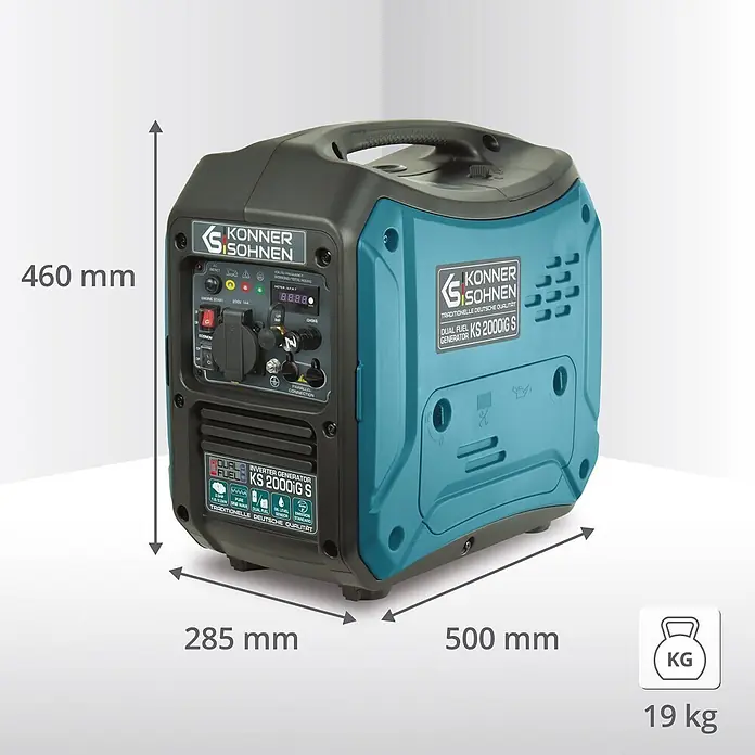 Könner & Söhnen Stromerzeuger KS 2000iG S - Nennleistung: 1,8 kW, Tankvolumen: 5 l - Türkis-schwarzer Konner & Sohnen KS 2000iG S Dual-Fuel-Inverter-Generator. Maße: 460x285x500 mm, Gewicht: 19 kg.