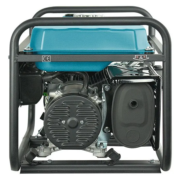 Könner & Söhnen Stromerzeuger KS 2900 - Nennleistung: 2,5 kW, Tankvolumen: 15 l - Türkis-schwarzer tragbarer Generator mit robustem schwarzem Rahmen, Motor und Luftfilter seitlich sichtbar.