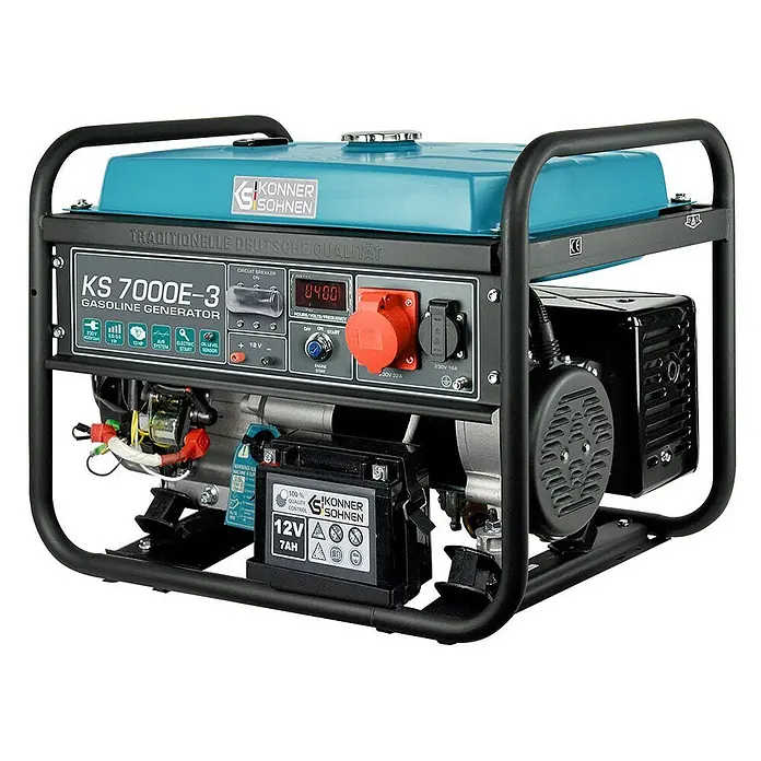 Könner & Söhnen Stromerzeuger KS 7000E-3 - Nennleistung: 5 kW, Tankvolumen: 25 l - Konner & Sohnen KS 7000E-3 Benzingenerator mit schwarzem Rahmen, türkisfarbenem Tank und grauem Bedienfeld, mit Steckdosen und Digitalanzeige.