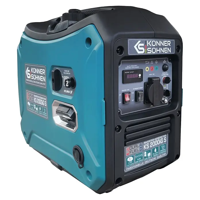 Könner & Söhnen Stromerzeuger KS 2000iG S - Nennleistung: 1,8 kW, Tankvolumen: 5 l - Türkis-schwarzer Könner & Söhnen KS 2000iG S Dual-Fuel-Inverter-Generator mit Bedienfeld.