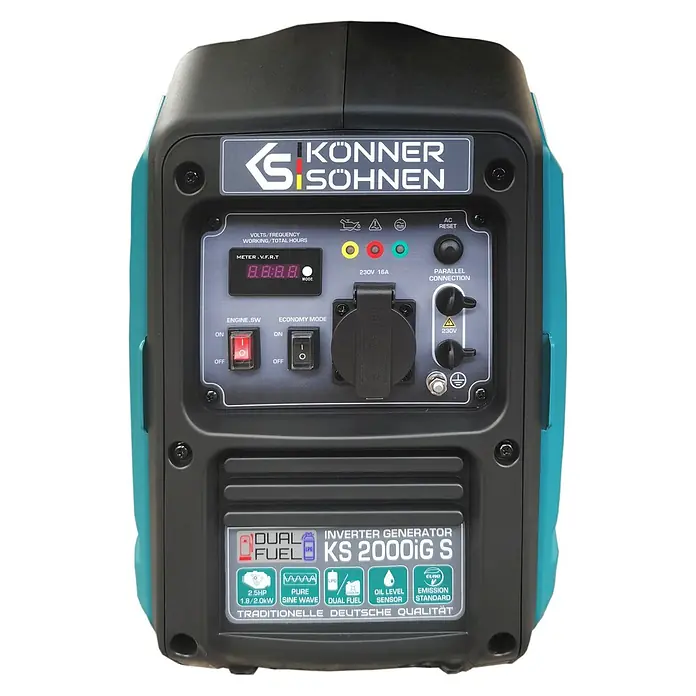 Könner & Söhnen Stromerzeuger KS 2000iG S - Nennleistung: 1,8 kW, Tankvolumen: 5 l - Könner & Söhnen KS 2000iG S Dual-Fuel Inverter-Generator in Schwarz-Türkis mit Bedienfeld und Display.